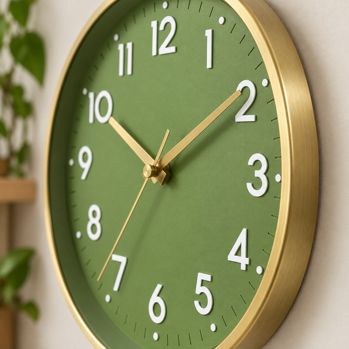 Detalle de Reloj de pared verde con borde dorado