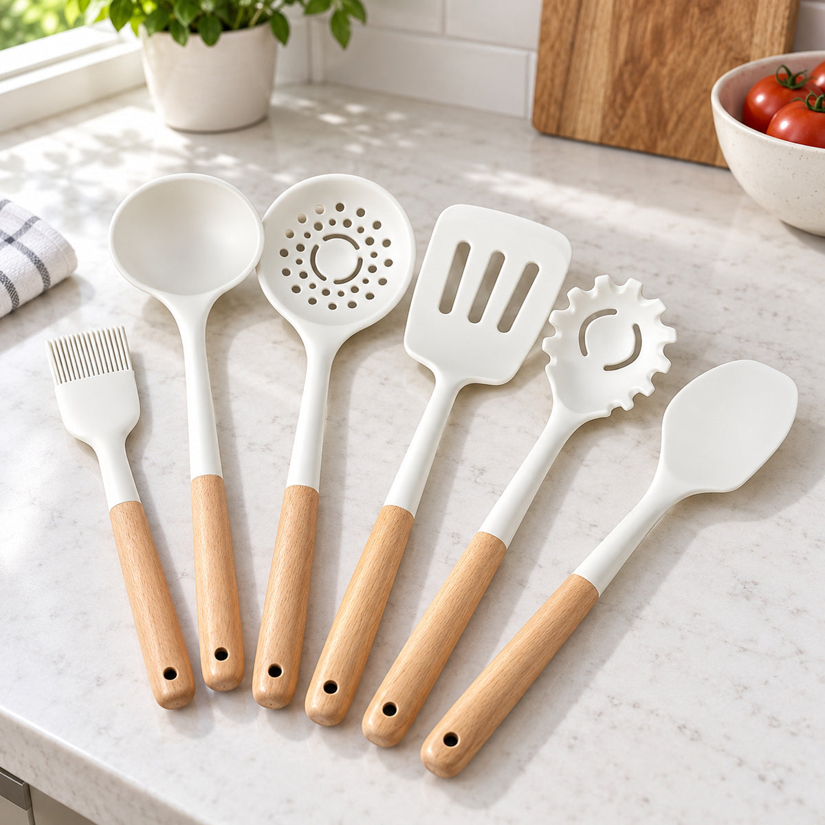 Set de 6 utensilios blancos con mangos de madera — P1